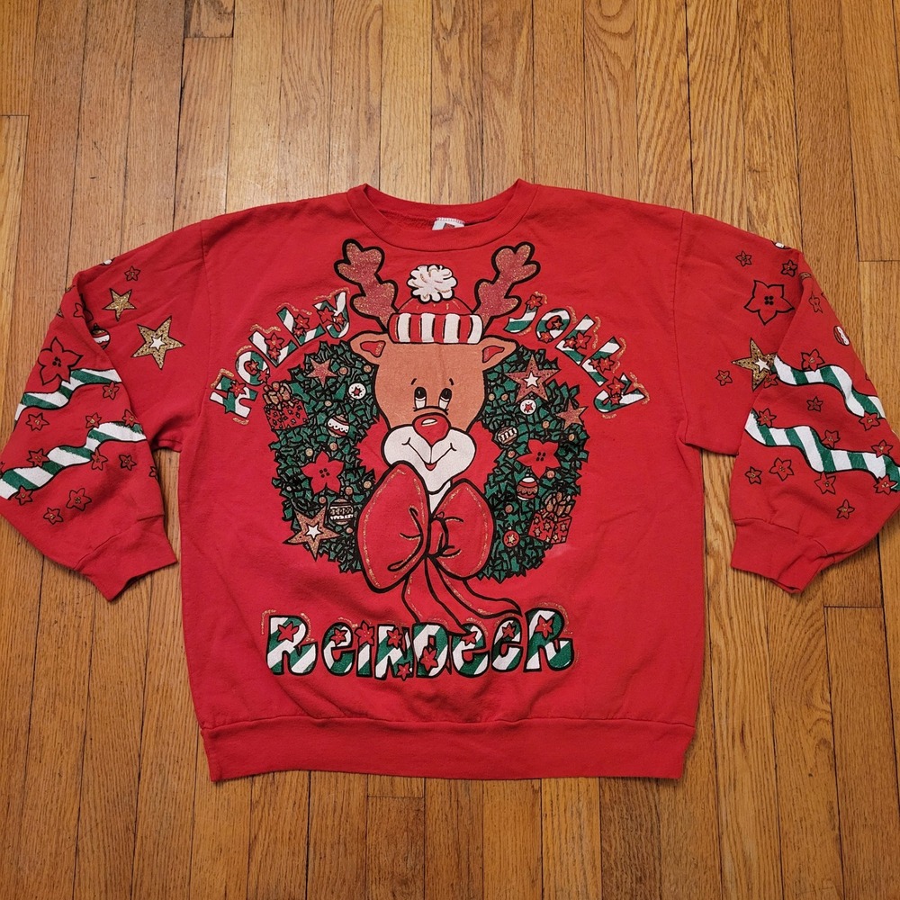 USA Holiday Time Red Holly Jolly Reindeer Ugly Christmas Sweatshirt L Vintage